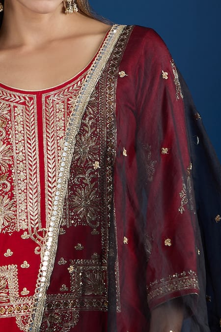 Buy_Samyukta Singhania_Red Silk, Organza Embroidery, Sequins, Metallic Thread, Zari Floral Kurta Set
