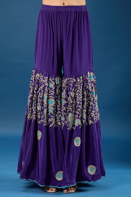 Samyukta Singhania Purple Crepe, Organza Embroidery, Zari, Stones Split V-neck Floral Kurta Set Online at Aza Fashions Samyukta Singhania_Purple Crepe, Organza Embroidery, Zari, Stones Split V-neck Floral Kurta Set_Online_at_Aza_Fashions