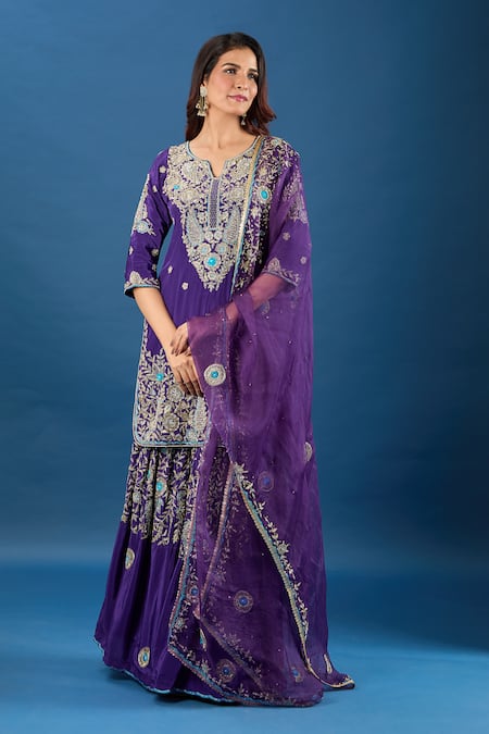 Buy Samyukta Singhania Purple Crepe, Organza Embroidery, Zari, Stones Split V-neck Floral Kurta Set Online at Aza Fashions Buy_Samyukta Singhania_Purple Crepe, Organza Embroidery, Zari, Stones Split V-neck Floral Kurta Set_Online_at_Aza_Fashions