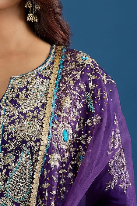 Shop Samyukta Singhania Purple Crepe, Organza Embroidery, Zari, Stones Split V-neck Floral Kurta Set Online at Aza Fashions Shop_Samyukta Singhania_Purple Crepe, Organza Embroidery, Zari, Stones Split V-neck Floral Kurta Set_Online_at_Aza_Fashions