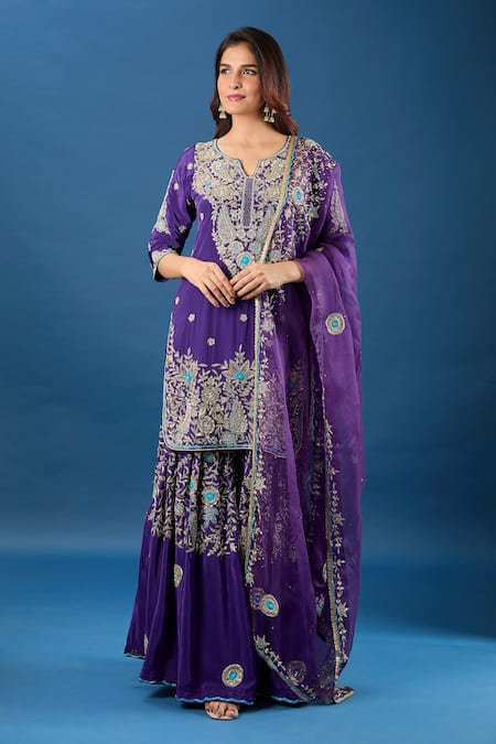 Samyukta Singhania Purple Crepe, Organza Embroidery, Zari, Stones Split V-neck Floral Kurta Set at Aza Fashions Samyukta Singhania_Purple Crepe, Organza Embroidery, Zari, Stones Split V-neck Floral Kurta Set_at_Aza_Fashions