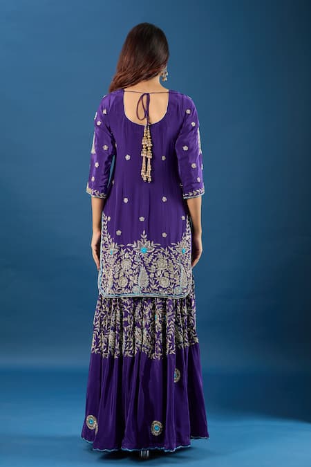 Shop Samyukta Singhania Purple Crepe, Organza Embroidery, Zari, Stones Split V-neck Floral Kurta Set at Aza Fashions Shop_Samyukta Singhania_Purple Crepe, Organza Embroidery, Zari, Stones Split V-neck Floral Kurta Set_at_Aza_Fashions