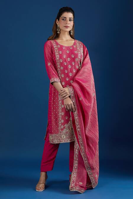 Samyukta Singhania Pink Crinkle, Crepe Embroidery, Sequins, Zari Round Neck Floral Kurta Set Online at Aza Fashions Samyukta Singhania_Pink Crinkle, Crepe Embroidery, Sequins, Zari Round Neck Floral Kurta Set_Online_at_Aza_Fashions