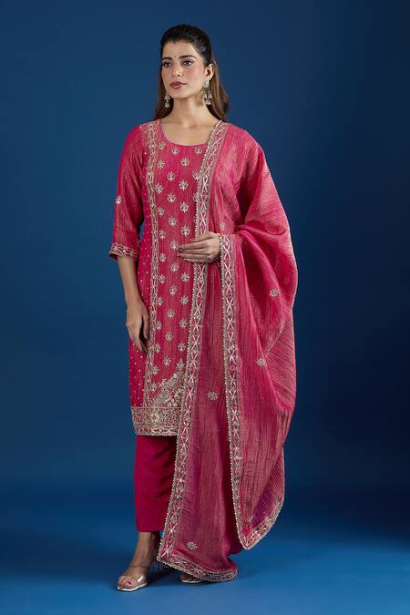 Buy Samyukta Singhania Pink Crinkle, Crepe Embroidery, Sequins, Zari Round Neck Floral Kurta Set Online at Aza Fashions Buy_Samyukta Singhania_Pink Crinkle, Crepe Embroidery, Sequins, Zari Round Neck Floral Kurta Set_Online_at_Aza_Fashions