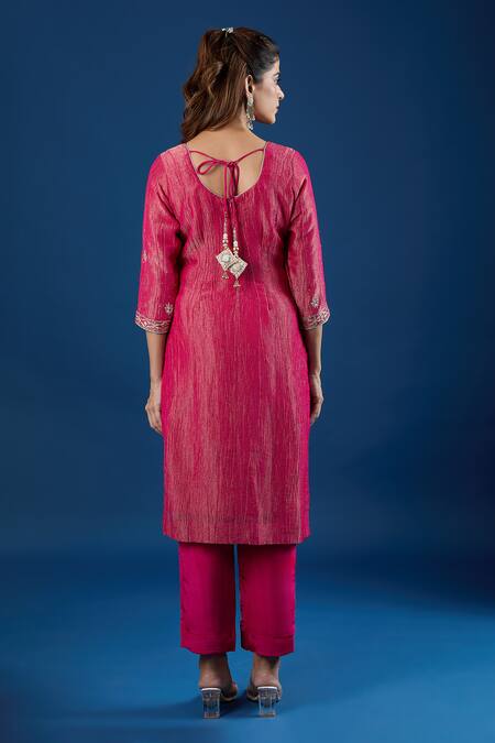 Shop Samyukta Singhania Pink Crinkle, Crepe Embroidery, Sequins, Zari Round Neck Floral Kurta Set at Aza Fashions Shop_Samyukta Singhania_Pink Crinkle, Crepe Embroidery, Sequins, Zari Round Neck Floral Kurta Set_at_Aza_Fashions