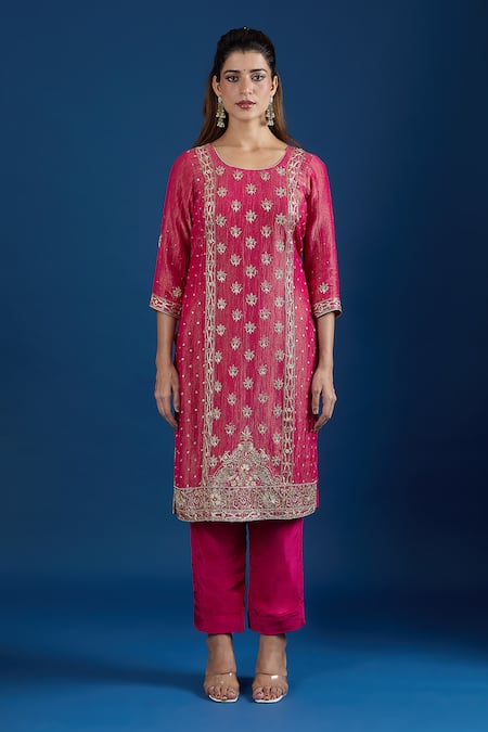 Shop Samyukta Singhania Pink Crinkle, Crepe Embroidery, Sequins, Zari Round Neck Floral Kurta Set Online at Aza Fashions Shop_Samyukta Singhania_Pink Crinkle, Crepe Embroidery, Sequins, Zari Round Neck Floral Kurta Set_Online_at_Aza_Fashions