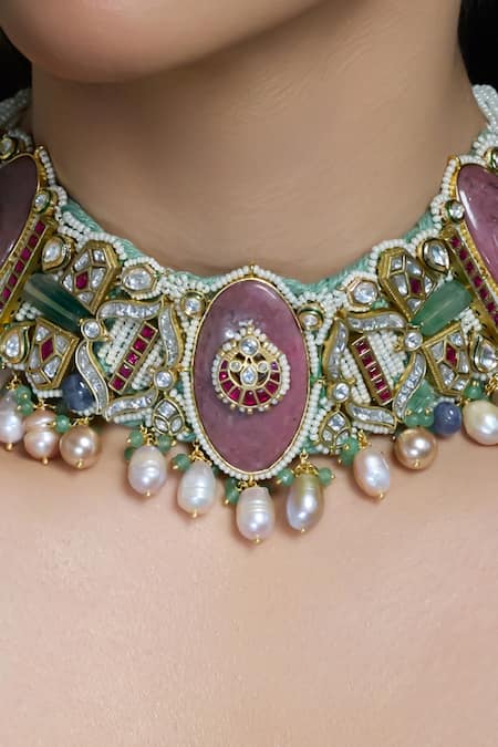 Joules By Radhika_Multi Color Zarreen Polki Embellished Bridal Necklace _Online_at_Aza_Fashions