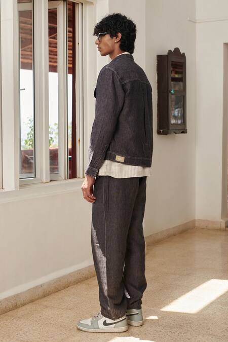 Saphed_Charcoal Linen Graphite Denim Jacket _Online_at_Aza_Fashions
