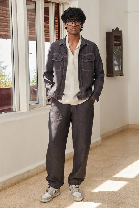 Shop_Saphed_Charcoal Linen Graphite Denim Jacket _Online_at_Aza_Fashions