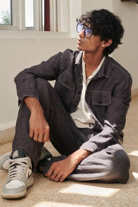 Saphed_Charcoal Linen Graphite Denim Jacket _at_Aza_Fashions
