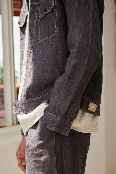 Buy_Saphed_Charcoal Linen Graphite Denim Jacket 