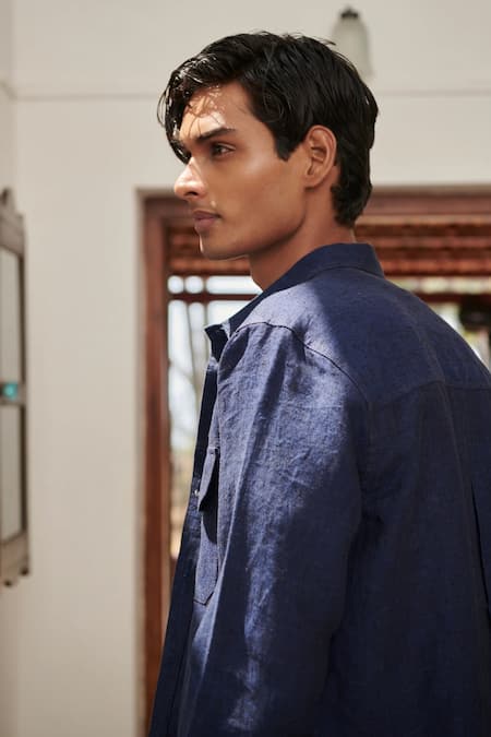 Saphed Navy Linen Neel Denim Jacket at Aza Fashions Saphed_Navy Linen Neel Denim Jacket _at_Aza_Fashions