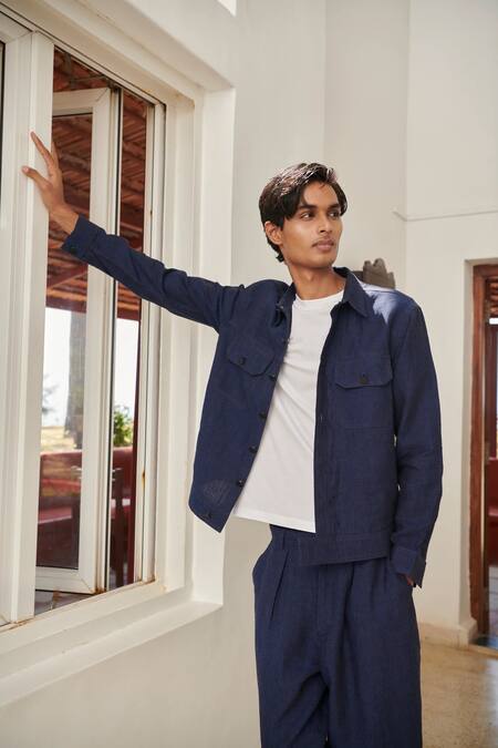 Buy Saphed Navy Linen Neel Denim Jacket Buy_Saphed_Navy Linen Neel Denim Jacket