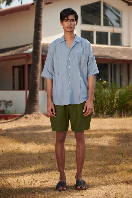 Shop_Saphed_Sky Blue Linen Camp Collar Shirt _Online_at_Aza_Fashions
