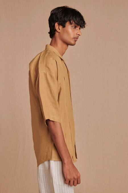Saphed_Beige Linen Camp Collar Shirt _Online_at_Aza_Fashions