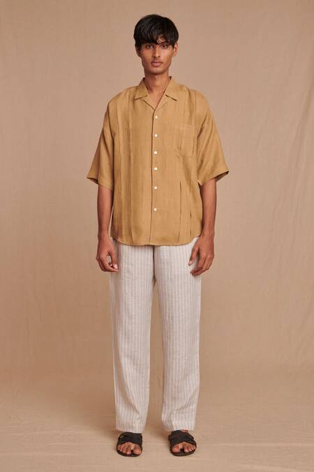 Buy_Saphed_Beige Linen Camp Collar Shirt _Online_at_Aza_Fashions