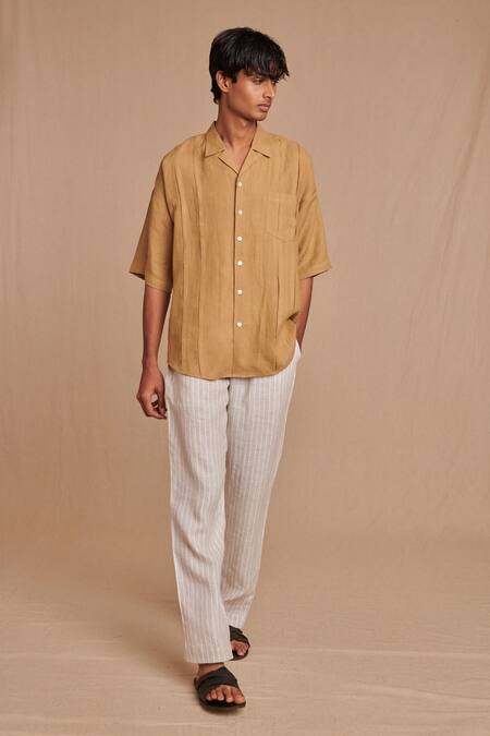 Shop_Saphed_Beige Linen Camp Collar Shirt _Online_at_Aza_Fashions
