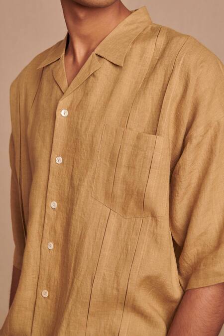 Buy_Saphed_Beige Linen Camp Collar Shirt 