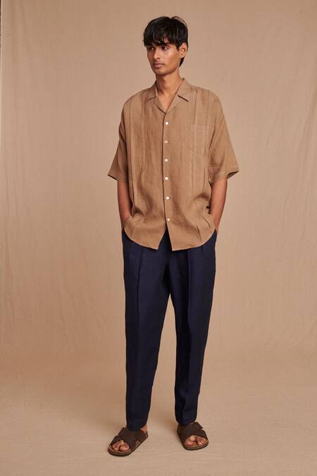 Saphed_Brown Linen Camp Collar Shirt _Online_at_Aza_Fashions