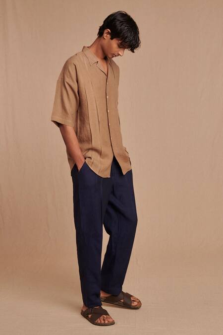 Buy_Saphed_Brown Linen Camp Collar Shirt _Online_at_Aza_Fashions