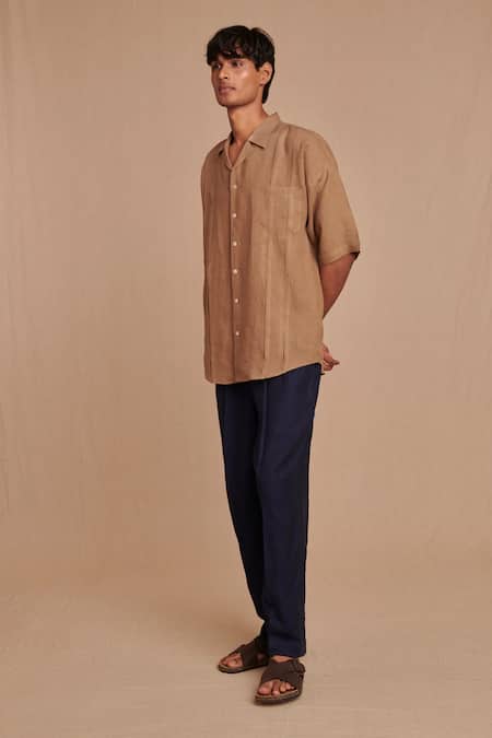 Shop_Saphed_Brown Linen Camp Collar Shirt _Online_at_Aza_Fashions