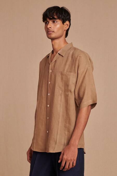Saphed_Brown Linen Camp Collar Shirt _at_Aza_Fashions