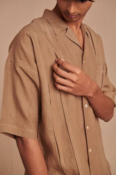 Buy_Saphed_Brown Linen Camp Collar Shirt 