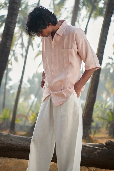 Saphed_Blush Linen Camp Collar Shirt _Online_at_Aza_Fashions