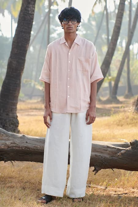 Saphed_Blush Linen Camp Collar Shirt _at_Aza_Fashions