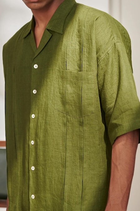 Saphed_Green Linen Camp Collar Shirt _Online_at_Aza_Fashions