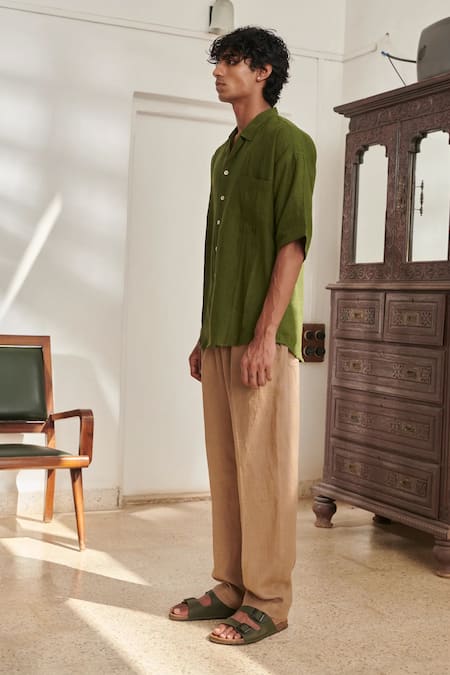 Buy_Saphed_Green Linen Camp Collar Shirt _Online_at_Aza_Fashions