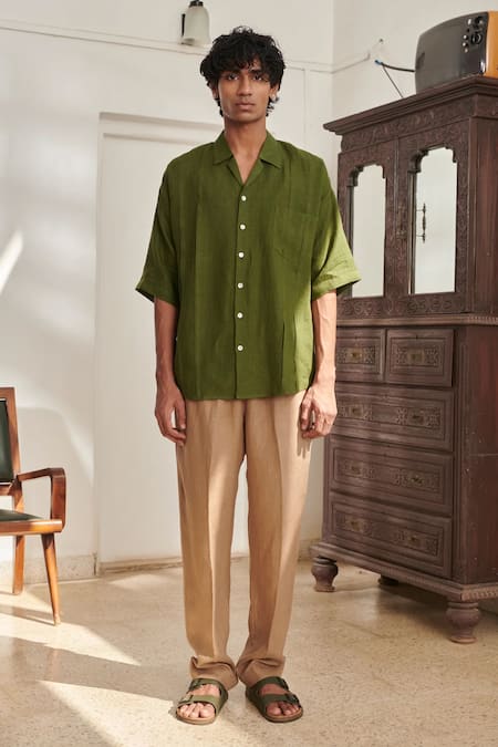 Buy_Saphed_Green Linen Camp Collar Shirt 