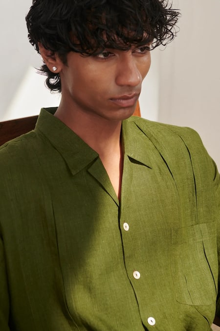 Shop_Saphed_Green Linen Camp Collar Shirt 