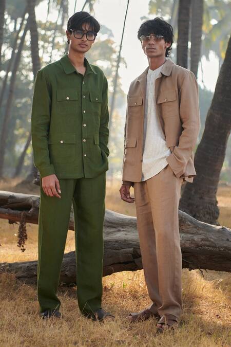 Saphed_Olive Green Linen Safari Overshirt _at_Aza_Fashions