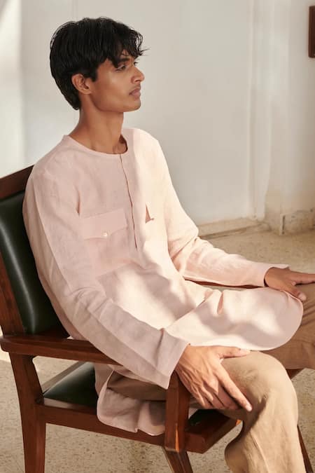 Saphed_Blush Linen Mousse Kurta Set _Online_at_Aza_Fashions