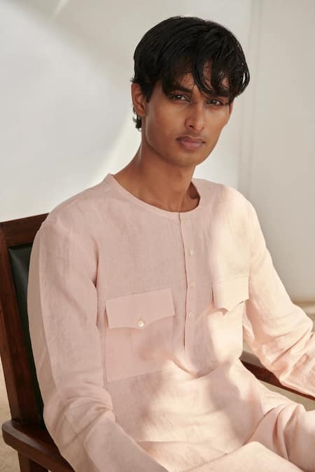Buy_Saphed_Blush Linen Mousse Kurta Set _Online_at_Aza_Fashions