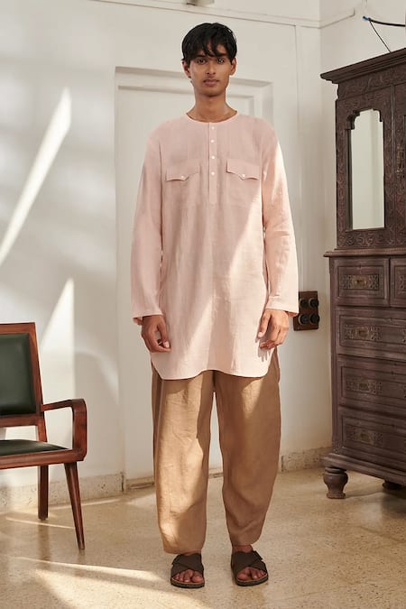 Saphed_Blush Linen Mousse Kurta Set _at_Aza_Fashions