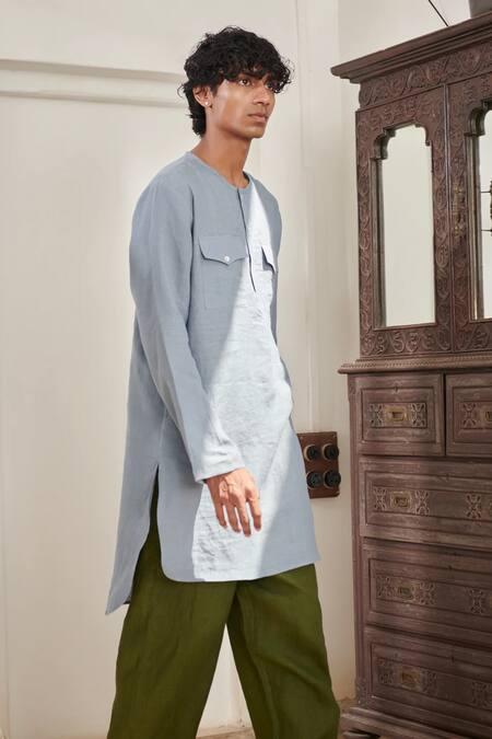 Buy_Saphed_Sky Blue Linen Safari Round Hem Kurta Set _Online_at_Aza_Fashions