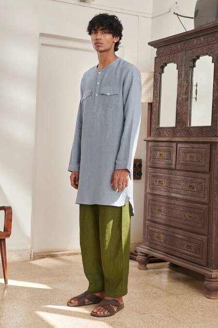 Shop_Saphed_Sky Blue Linen Safari Round Hem Kurta Set _Online_at_Aza_Fashions