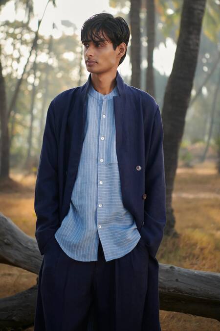 Saphed Navy Linen Summer Trench Coat Online at Aza Fashions Saphed_Navy Linen Summer Trench Coat _Online_at_Aza_Fashions