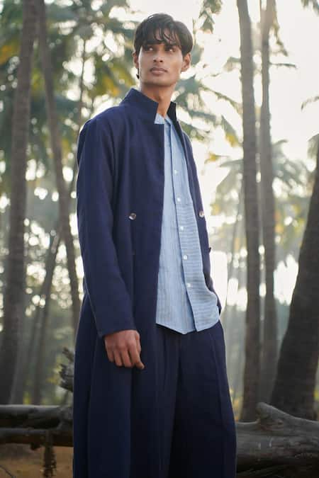 Shop Saphed Navy Linen Summer Trench Coat Online at Aza Fashions Shop_Saphed_Navy Linen Summer Trench Coat _Online_at_Aza_Fashions