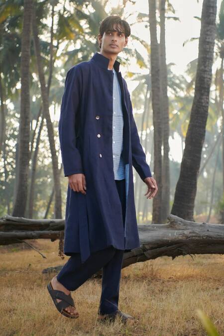 Buy Saphed Navy Linen Summer Trench Coat Buy_Saphed_Navy Linen Summer Trench Coat