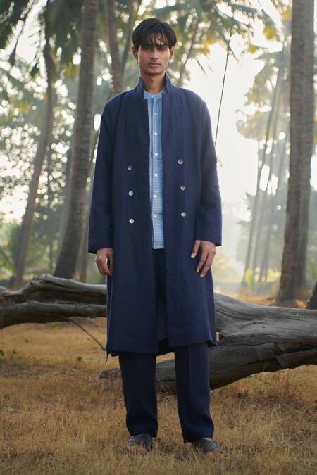 Shop Saphed Navy Linen Summer Trench Coat Shop_Saphed_Navy Linen Summer Trench Coat