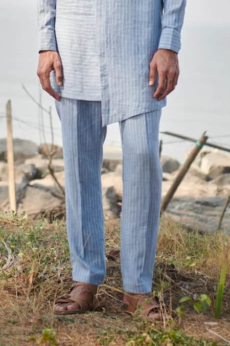 Saphed_Sky Blue Linen Pinstripe Side Open Kurta Set _Online_at_Aza_Fashions