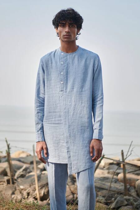 Buy_Saphed_Sky Blue Linen Pinstripe Side Open Kurta Set _Online_at_Aza_Fashions