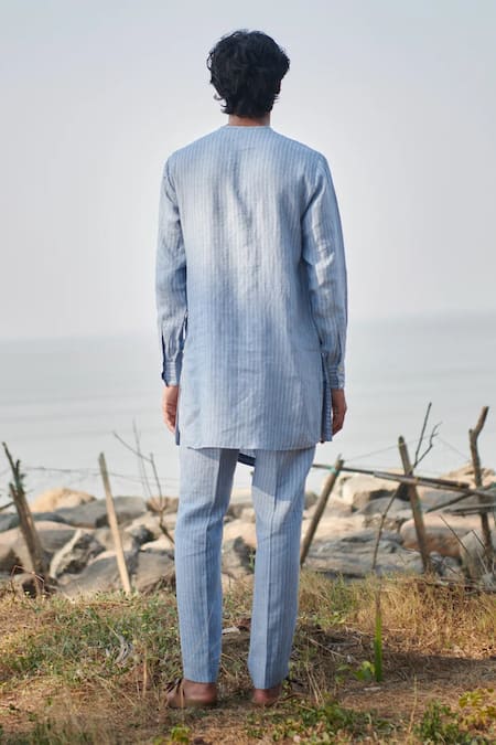 Saphed Sky Pinstripe Linen Side Open Kurta Set 