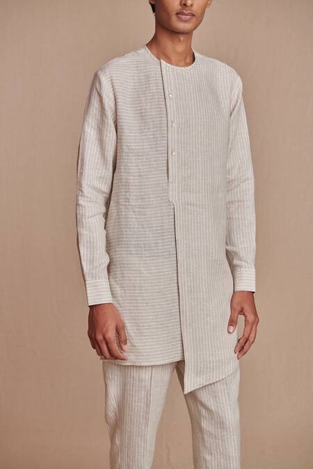 Shop_Saphed_Off White Linen Undyed Pinstripe Side Open Kurta Set _Online_at_Aza_Fashions