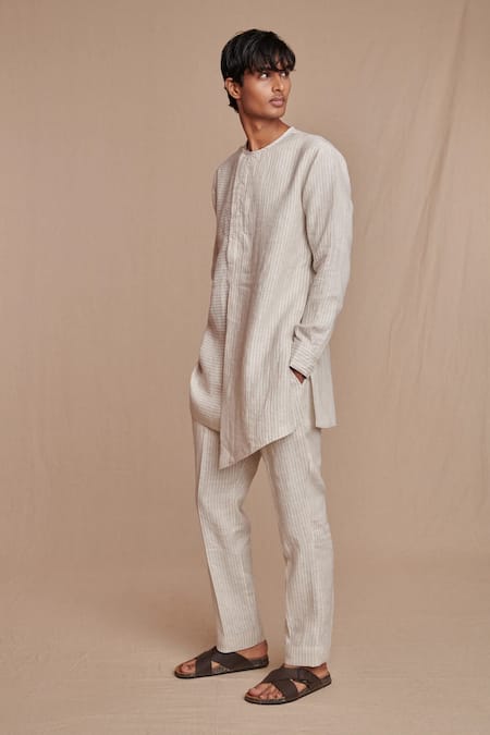 Shop_Saphed_Off White Linen Undyed Pinstripe Side Open Kurta Set 