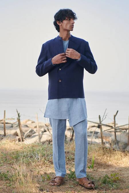 Shop_Saphed_Navy Linen Neel Denim Bandhgala _Online_at_Aza_Fashions