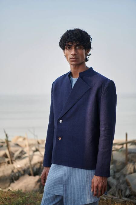 Buy_Saphed_Navy Linen Neel Denim Bandhgala 